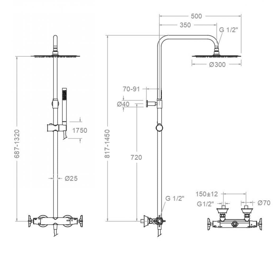 Ramon Soler - Colonna doccia telescopica termostatica Adagio con doccetta e soffione metallico Ø300 mm cromo