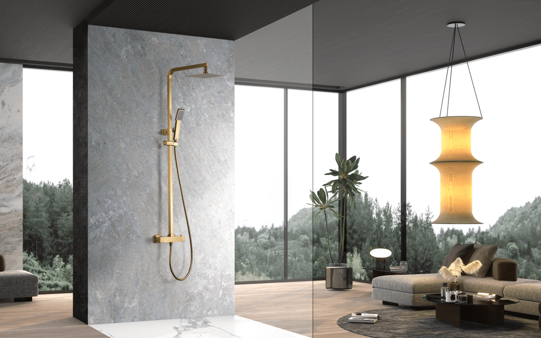 Imex - Conjunto de ducha termostático Vigo oro cepillado - BricoandPool