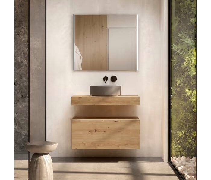 Mueble de baño con encimera de madera 10 cm de altura con cajonera Visobath Nomad monocolor 1 cajón, suspendida 45 cm de fondo - BricoandPool