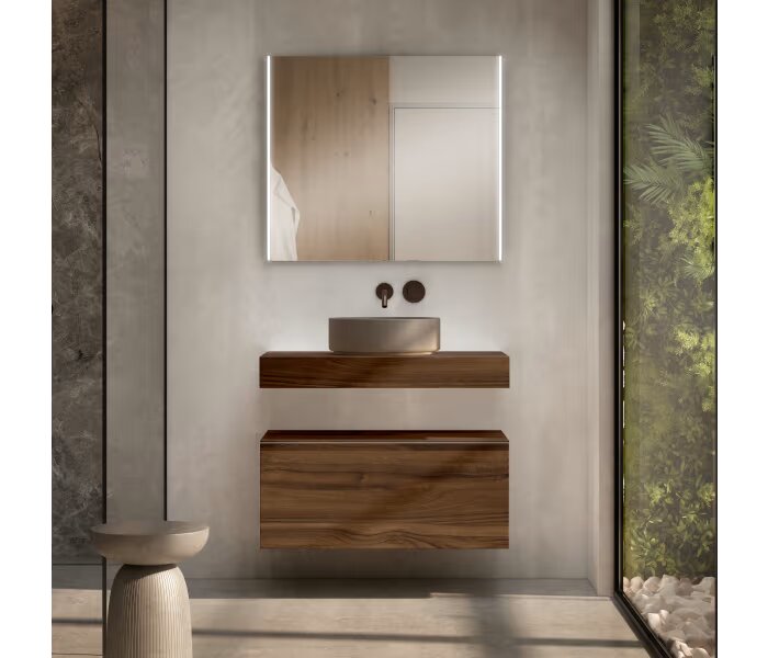 Mueble de baño con encimera de madera 10 cm de altura con cajonera Visobath Nomad monocolor 1 cajón, suspendida 45 cm de fondo - BricoandPool