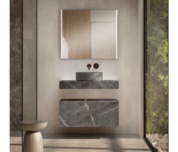 Mueble de baño con encimera de madera 10 cm de altura con cajonera Visobath Nomad monocolor 1 cajón, suspendida 45 cm de fondo - BricoandPool