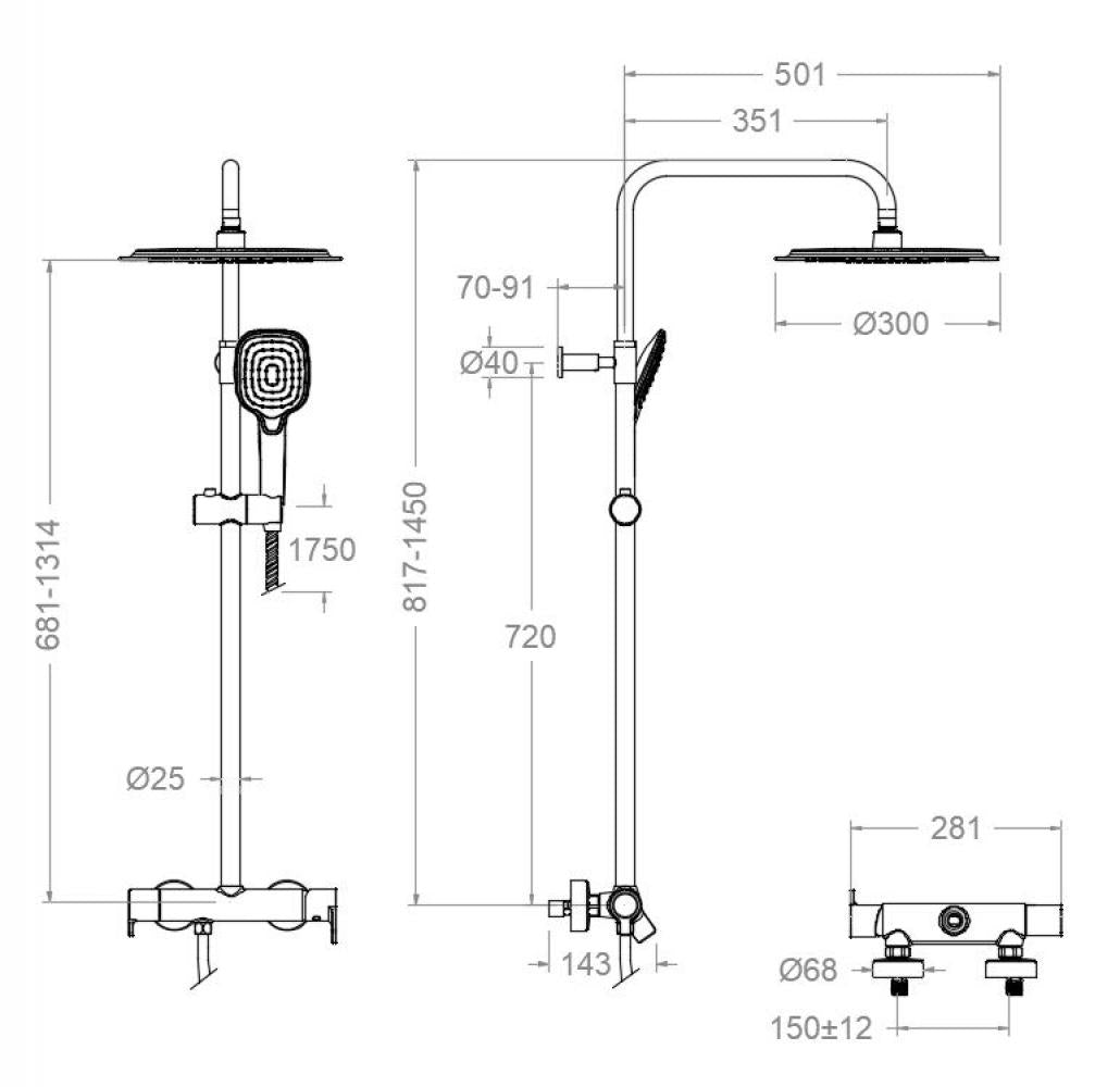 Ramon Soler - Blautherm, columna de ducha telescópica monomando, rociador redondo Ø300 mm, oro cepillado - BricoandPool