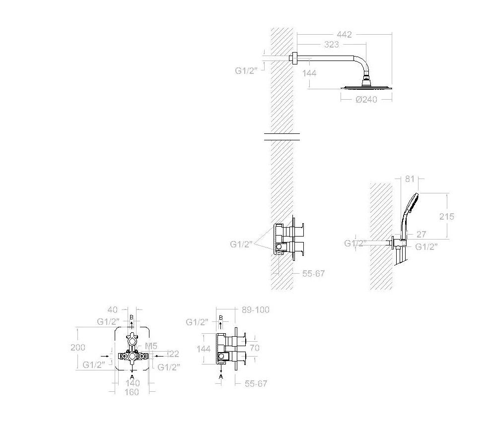 Ramon Soler - Blautherm, conjunto termostático empotrado metálico 2 vías con soporte, toma de agua, teleducha y rociador redondo Ø240mm, negro mate 948712RP240NM - BricoandPool