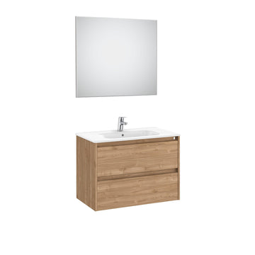 Roca - Mueble base Tenet Pack de dos cajones, lavabo, espejo y aplique LED Nogal - BricoandPool